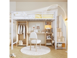Cama Alta 90x200 Cm - Marco De Hierro, Armario, Escritorio Y Escalera Con Almacenamiento - Blanco