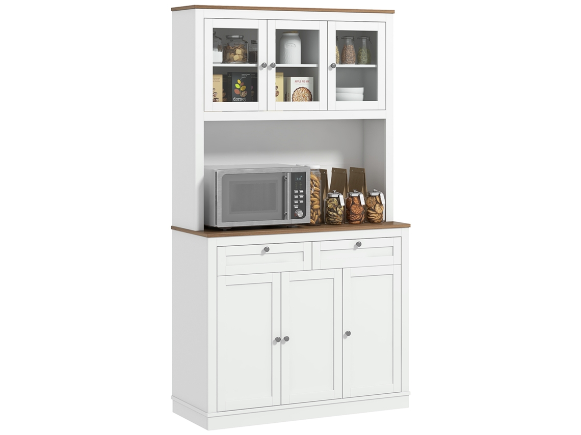 Armário Cozinha 3 Portas Vidro Compartimento Aberto 2 Gavetas Prateleiras Ajustáveis Branco 100x40x180
