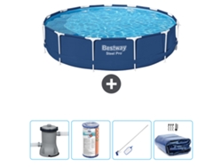 Piscina BESTWAY Round Steel Pro - 396 x 84 cm - Azul - Bomba incluida Filtrar - kit de limpieza - Vela solar