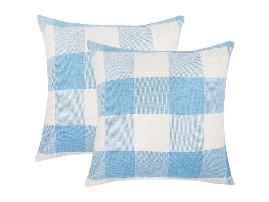 2026-41222-2 Fundas Almohada Cuadros Bufalo Rústica Tela Poliéster Lino Azul Cielo Blanca 45x45cm Decoración Verano Hogar
