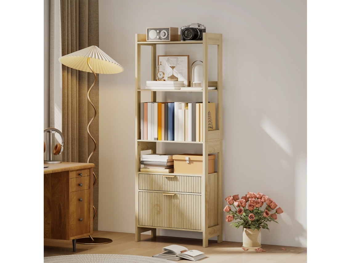 Librería alta con 4 estantes abiertos y 2 cajones estriados, 60x30x160 cm, color madera natural.