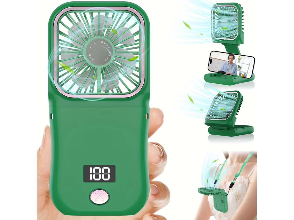 Ventilador De Mano Recargable Usb Con Pantalla Digital 3 Velocidades De Viento Verde Gertiz