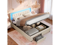Cama 180x200 cm, con USB, Tipo C, LED y 2 cajones, estructura de madera en terciopelo Ycone (beige)