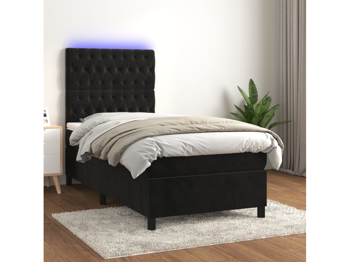 Cama Box Spring Colchón Y Led Terciopelo Negro 100x200 Cm