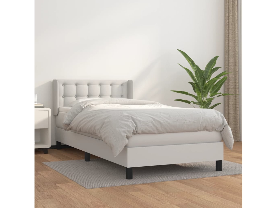 Cama Box Spring Con Colchón Cuero Sintético Blanco 90x190 Cm