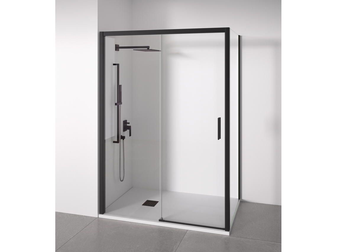 BELLOBATH Mampara de Ducha Angular 1 Corredera + 2 fijos Cristal 6mm antical Negro Mate Ancho Adaptable 110-115x77-80 Puerta derecha