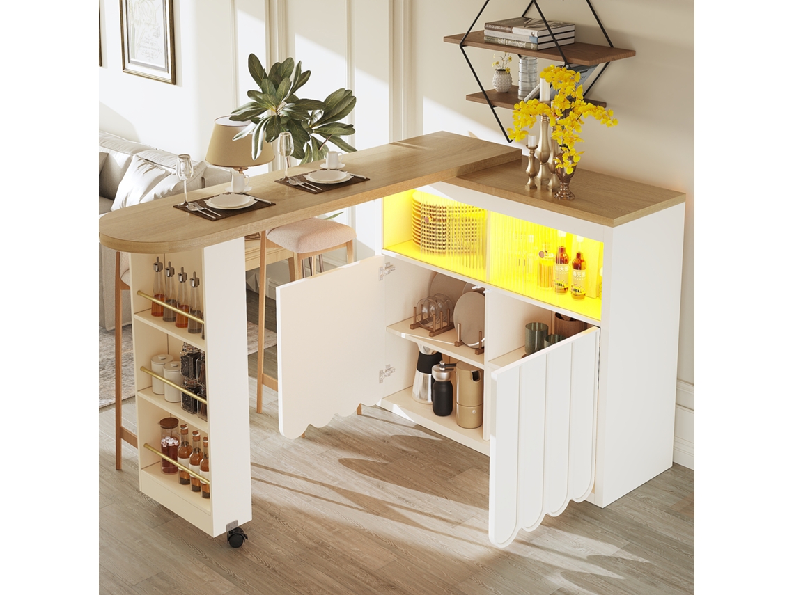 Mesa de bar extensible 135 205x39x100 cm moderna con LED, puertas a rayas, Mobrio blanco