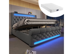 Cama Doble De Terciopelo Gris De 140x200 Cm Con Iluminación Led Y Almacenamiento Usb-c.