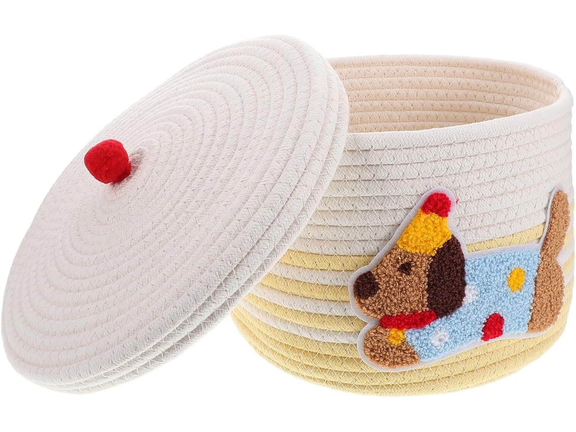 Cesta De Almacenamiento Para Coche De Cuerda De Algodón Con Tapa, Gran Capacidad, Diseño Decorativo De Perro.