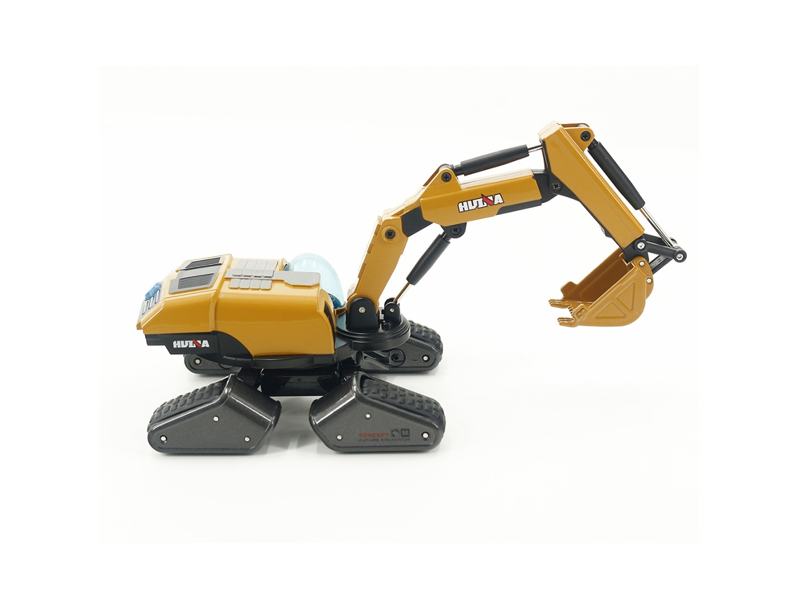 Vehículo de construcción en miniatura, camión excavadora con cargadora y rodillo, fabricado en metal y plástico.