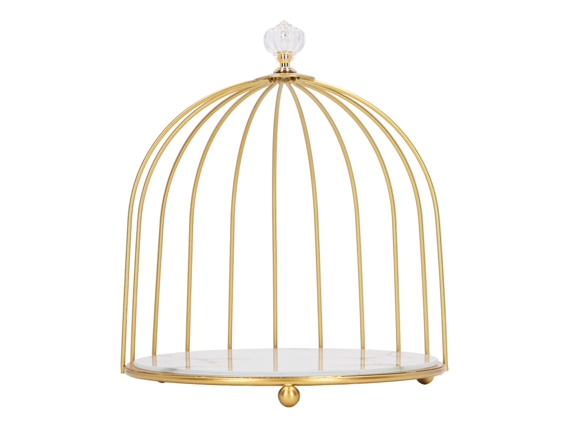 Estante organizador de escritorio blanco para cosméticos con estampado dorado.