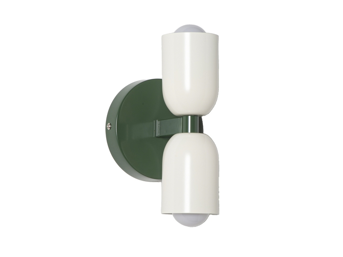 Aplique Moderno Doble E27 Con Pantallas Crema, Base Verde, Luz Superior E Inferior Para Dormitorio