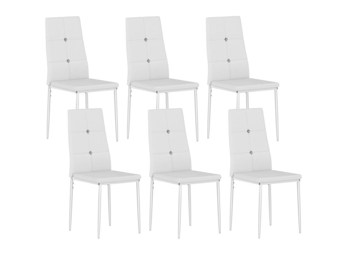 6 Sillas De Comedor Blancas De Poliuretano Con Respaldo Alto Y Tapicería Capitoné, Base De Acero.