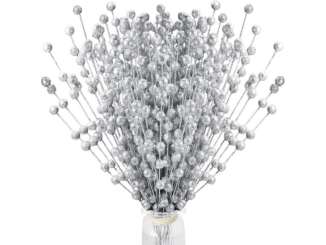Tallos de fruta navideña artificial recubiertos de purpurina para decorar el árbol y para manualidades.