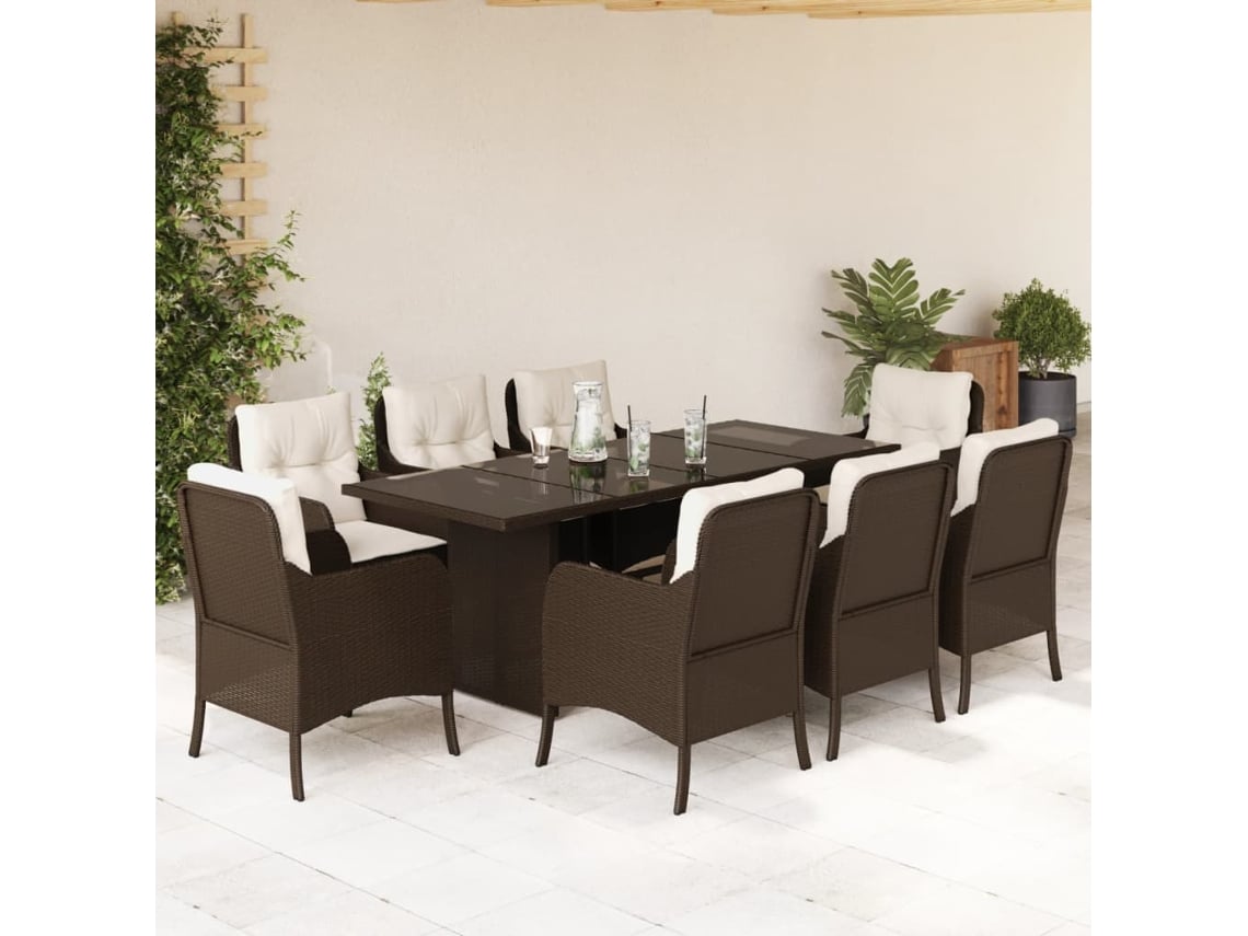 Juego de comedor de jardín de 9 piezas con cojines de mimbre marrón DKD Home Decor