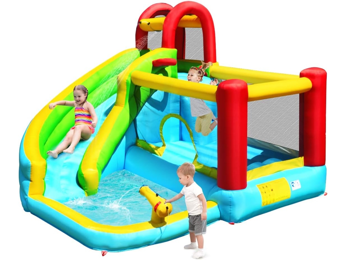 Tobogán Acuático Inflable, Casa de Rebote con Pared de Escalada, Piscina de Salpicaduras, Cañón de Agua, Aro de Baloncesto COSTWAY