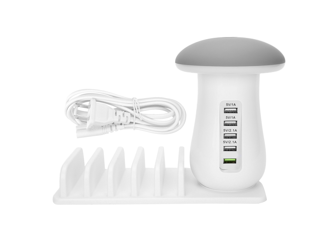 Carregador De Mesa Cogumelo 5 Portas Usb Hub Com Luz Led E Qc3.0 Para Carregamento Rápido