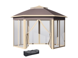 Cenador hexagonal de jardín de 4,05 x 3,4 x 2,85 m con doble techo y mosquitera UV, color beige.