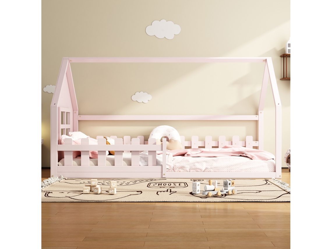 Cama infantil tipo cabaña de 90x200 cm con forma de casa en madera de pino y MDF estilo rosa