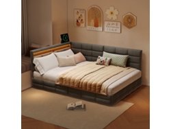 Cama Baúl 140x190cm, Sofá Cama Convertible Con Cabecera En L Reversible, Cajón De Almacenaje, Luz Led, Puerto Usb, Tela De Lino, Gris