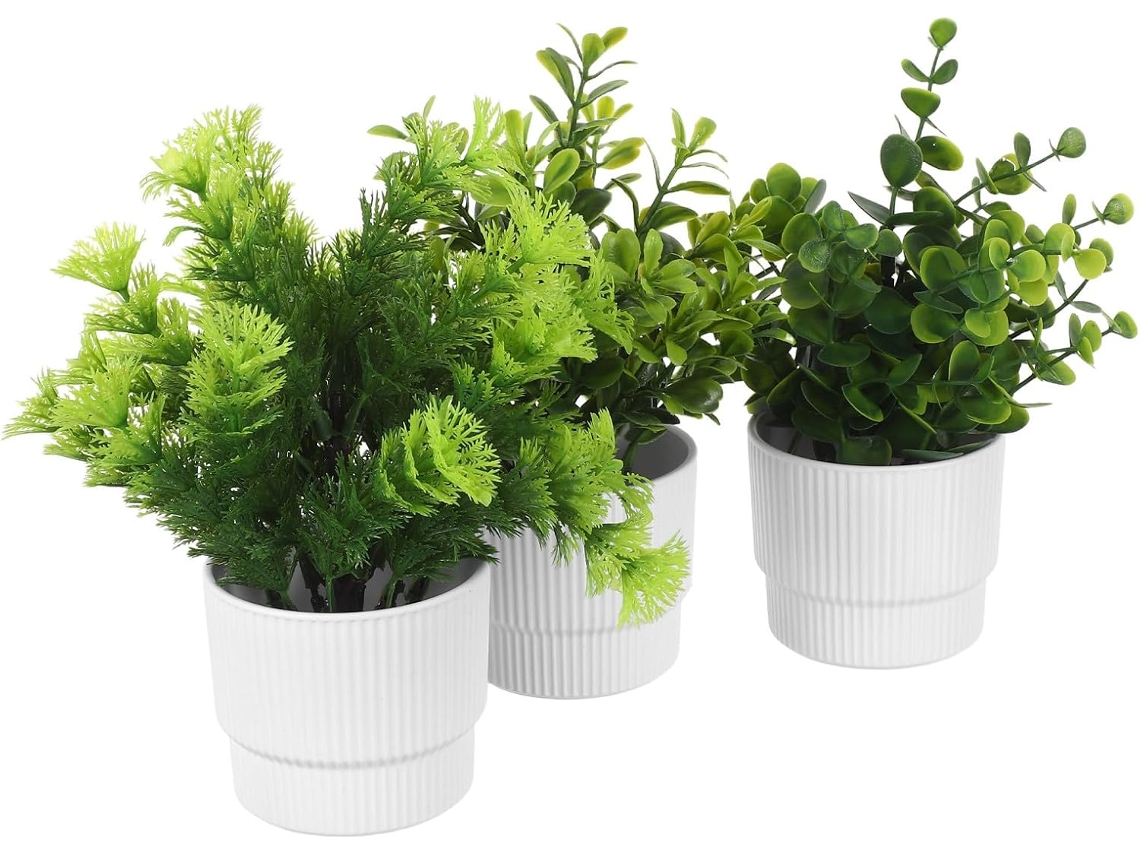 Juego De 3 Plantas Artificiales Pequeñas En Macetas Blancas A Rayas, Hojas De Eucalipto Artificiales.