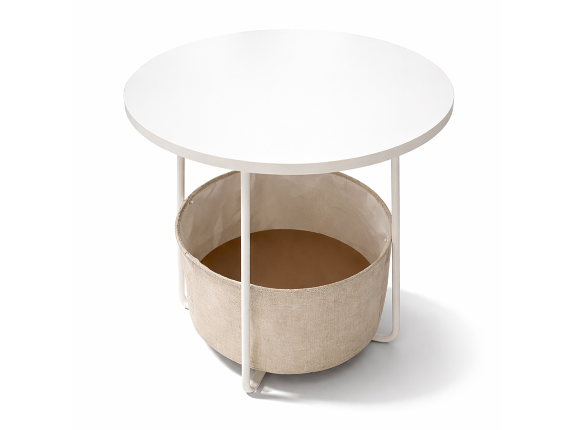 Relaxdays, Mesa Lateral Redonda, Com Cesto De Tecido, 50 X 45 Cm, Mesa De Café Para Sala, Mdf E Metal, Branco-bege