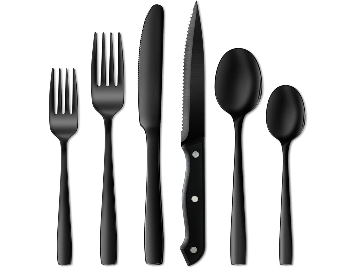 Juego de cubiertos de acero inoxidable negro de 24 piezas, apto para uso alimentario. Stelasplen