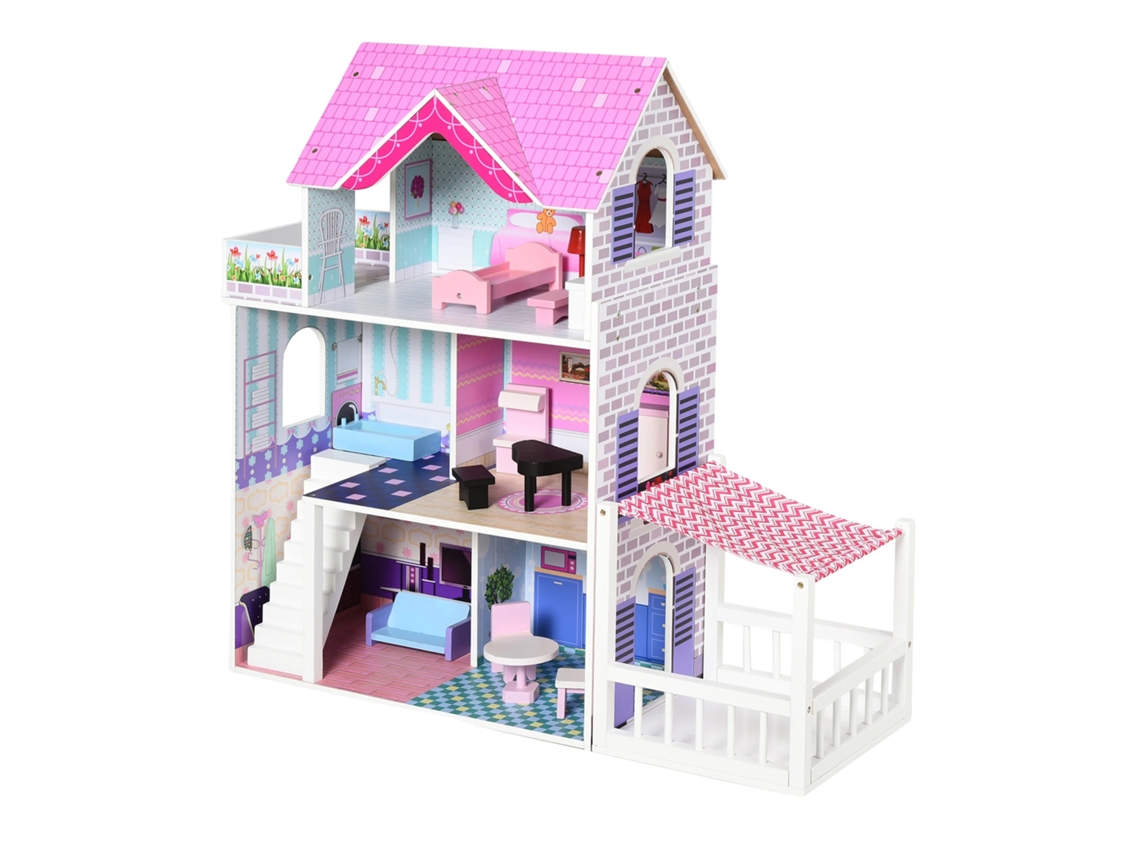 Casa de muñecas de varios pisos, incluye accesorios, color rosa.
