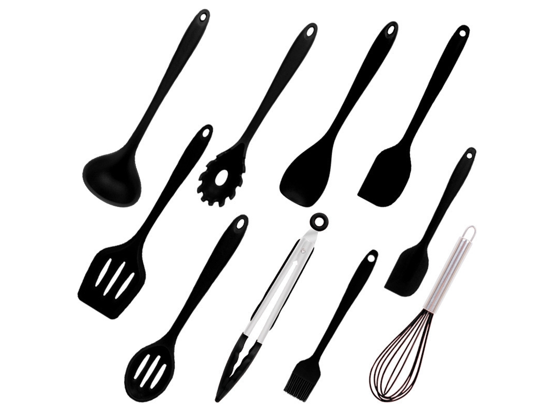 Conjunto de Utensílios de Cozinha 10 Peças com Cabo de Madeira Silicone Resistente Ao Calor Conjunto de Panelas-Preto 