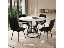 Juego De Comedor 5 Piezas, Mesa Redonda Ø100 Cm, Tablero Mdf Blanco, Patas Metálicas Negras, Sillas De Terciopelo Negro