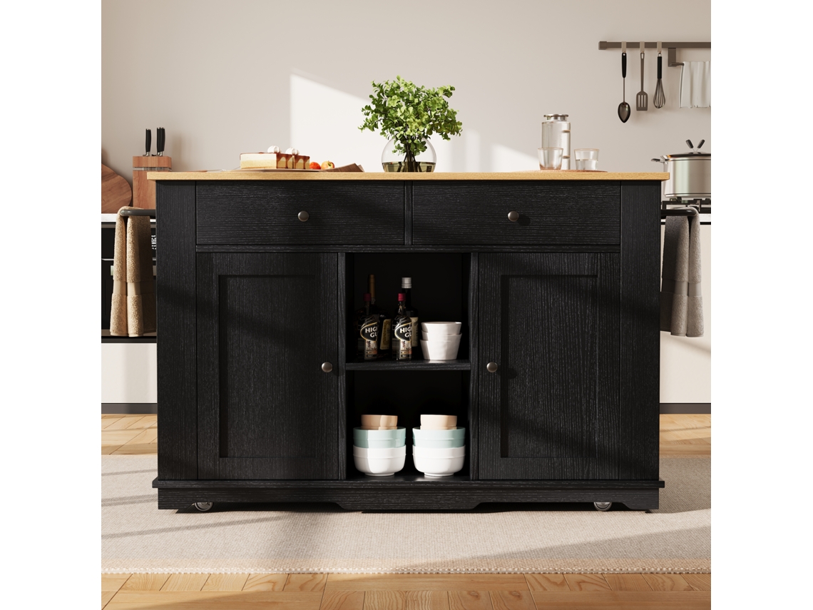 Isla de cocina Mobrio negra con ruedas y tomacorrientes, cubierta extensible, 2 puertas, 2 cajones y 2 compartimentos