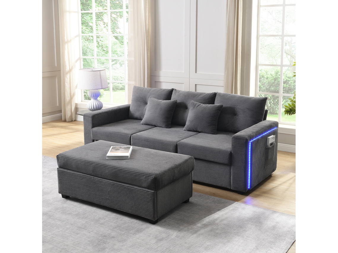 Sofá Modular L 3 Plazas + Otomán Grande - Led, Asiento Nube, Modular, Alta Resistencia - Gris Antiguo