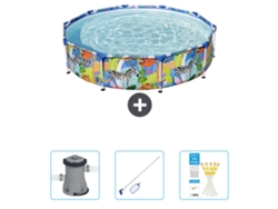 Piscina BESTWAY Round Steel Pro - 305 x 66 cm - Estampado Selva - Incluida Bomba - kit de limpieza - Tiras de prueba