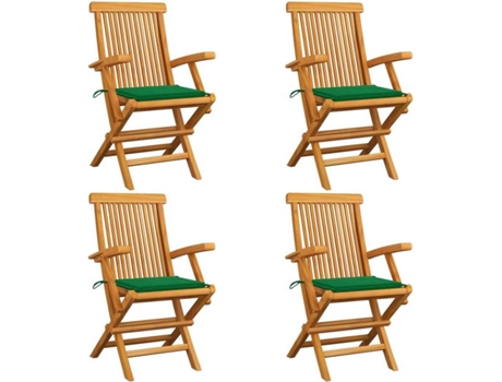 vidaXL Sillas de jardín 4 uds con cojines verdes madera de teca