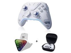 Mando Flydigi Apex 5 Elite con empuñadura blanca individual, retroalimentación de fuerza, iluminación RGB, mando de juegos inalámbrico Bluetooth.