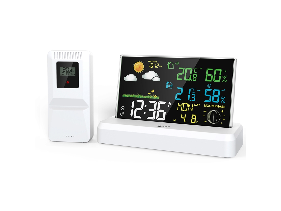 Reloj despertador digital Baok-reloj HD con termómetro e higrómetro para uso en interiores y exteriores y pronóstico meteorológico inalámbrico.