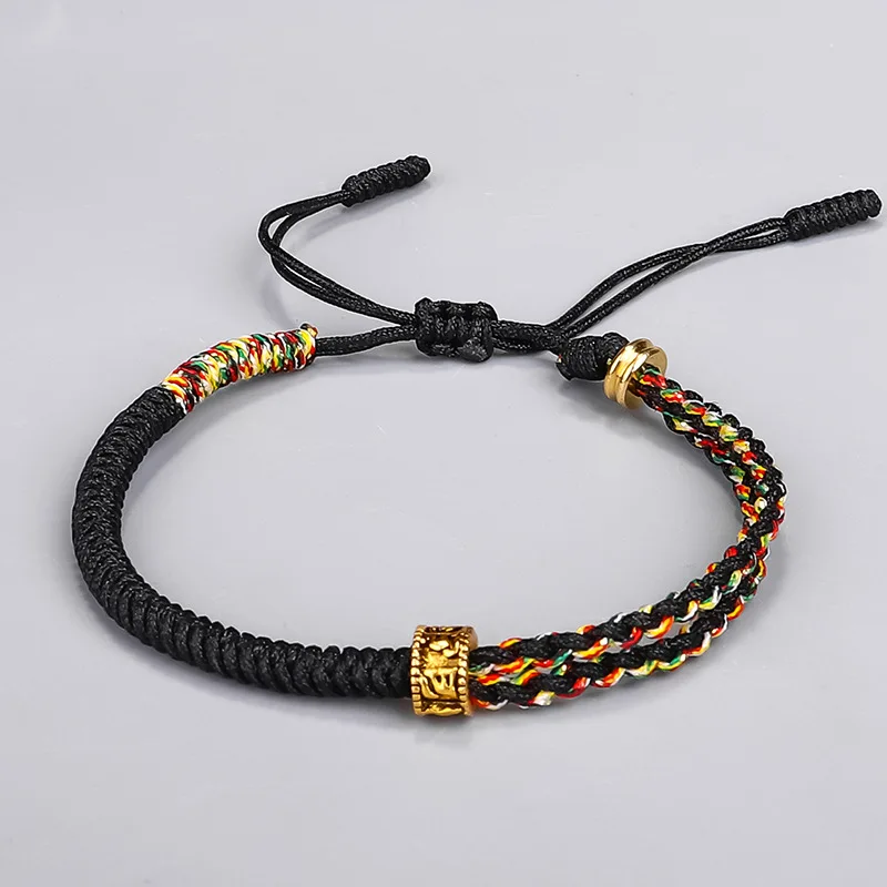 Pulsera budista tibetana hecha a mano con cuentas de oración de seis sílabas, elaborada con cordón de algodón trenzado, para la buena suerte. MDUG