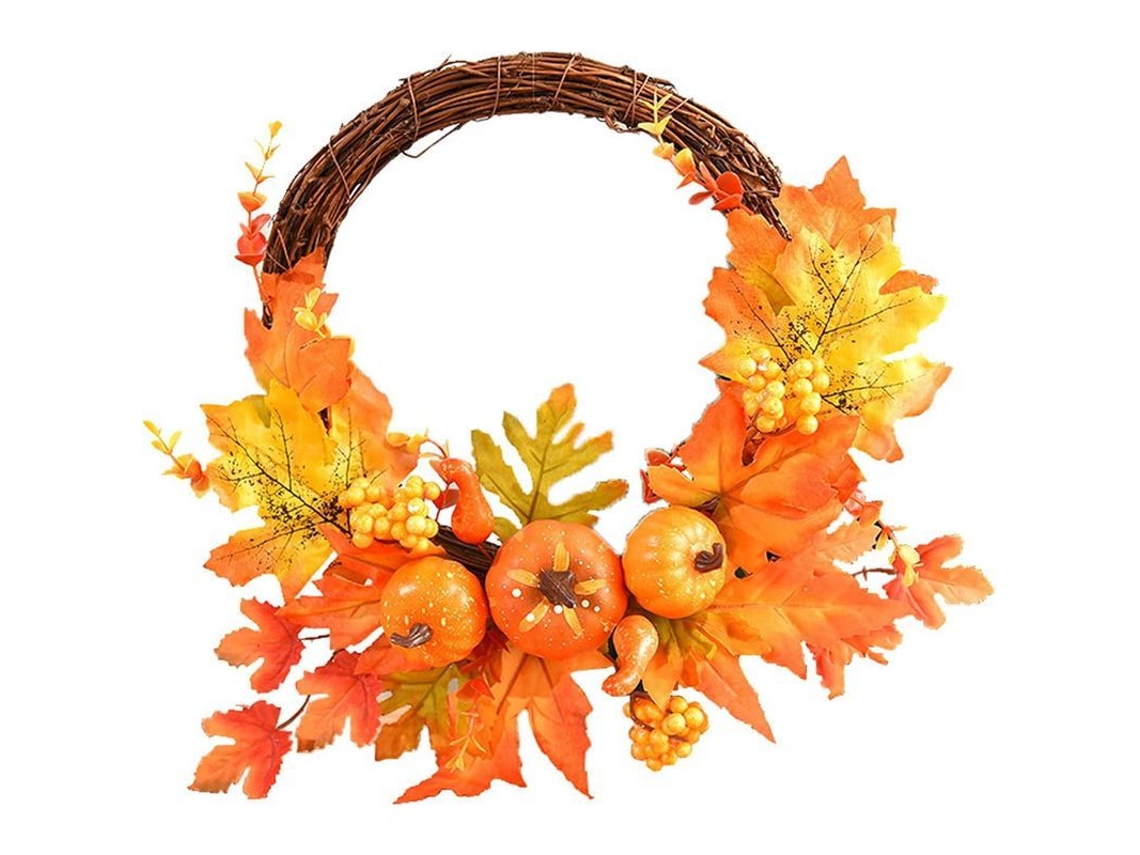 Corona de calabaza otoñal con hojas de arce y frutas silvestres para decoración de puerta Halloween Cosecha