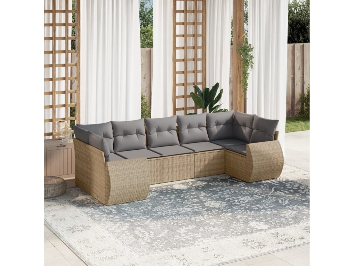 Conjunto de sofá de jardín de 7 piezas con cojines, mimbre sintético beige, Dkd Home Decor