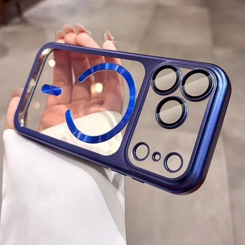 (iphone 17 Pro Azul) Funda Magnética Transparente De Lujo Con Acabado Galvanizado Para Iphone, Compatible Con Carga Por Cable.
