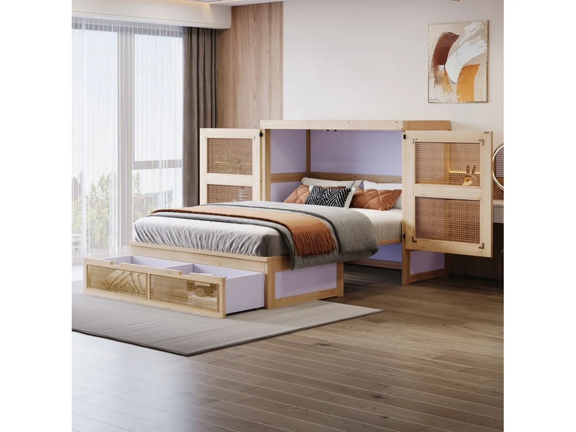 Cama Abatible De Pared De 140x200 Con Listones De Ratán: Optimiza El Espacio Vertical.