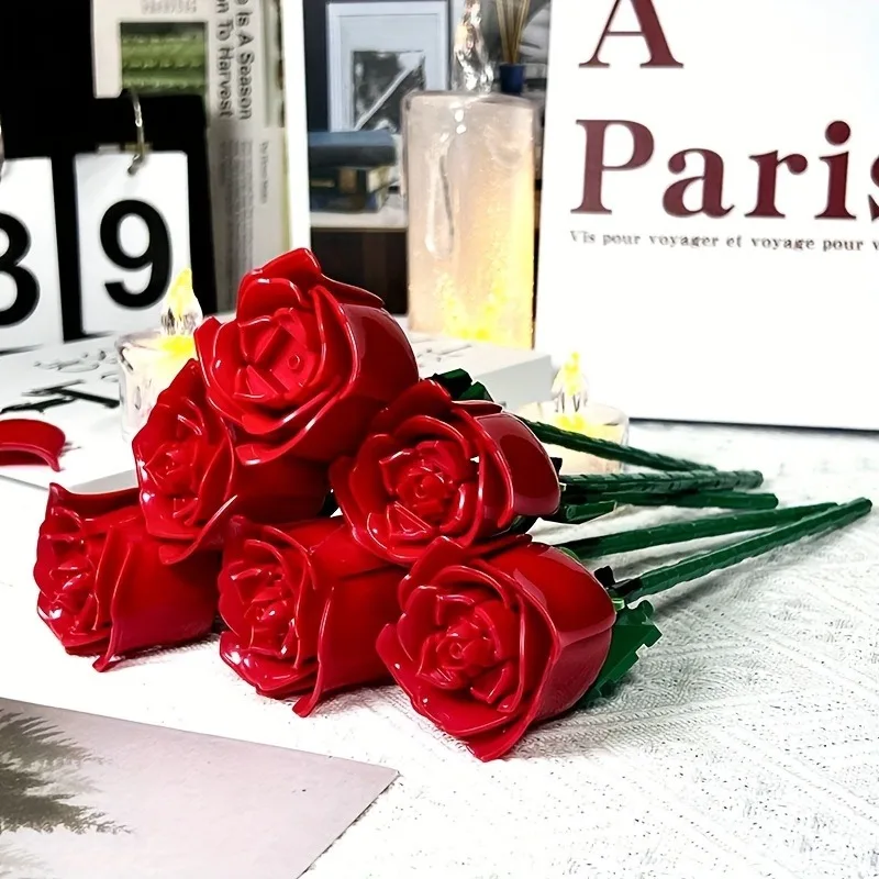 (6 Rosas) Modelo 3d De Ramo De Rosas, Bloques De Construcción, Regalo, Decoración Del Hogar, Juguete Para Niños Con Caja