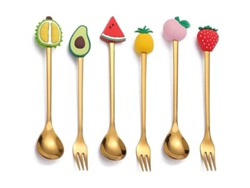 2026-45864-set Linjou Cucharas Y Tenedores De Postre Frutas Bonitas, 3 Cucharas De Café Y 3 Tenedores De Postre Oro