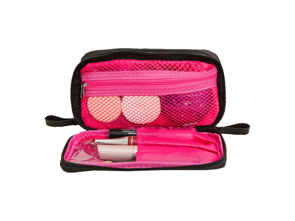 Neceser Con Doble Cremallera Y Compartimentos, Rosa, Interior Negro, Portátil, De Nailon.