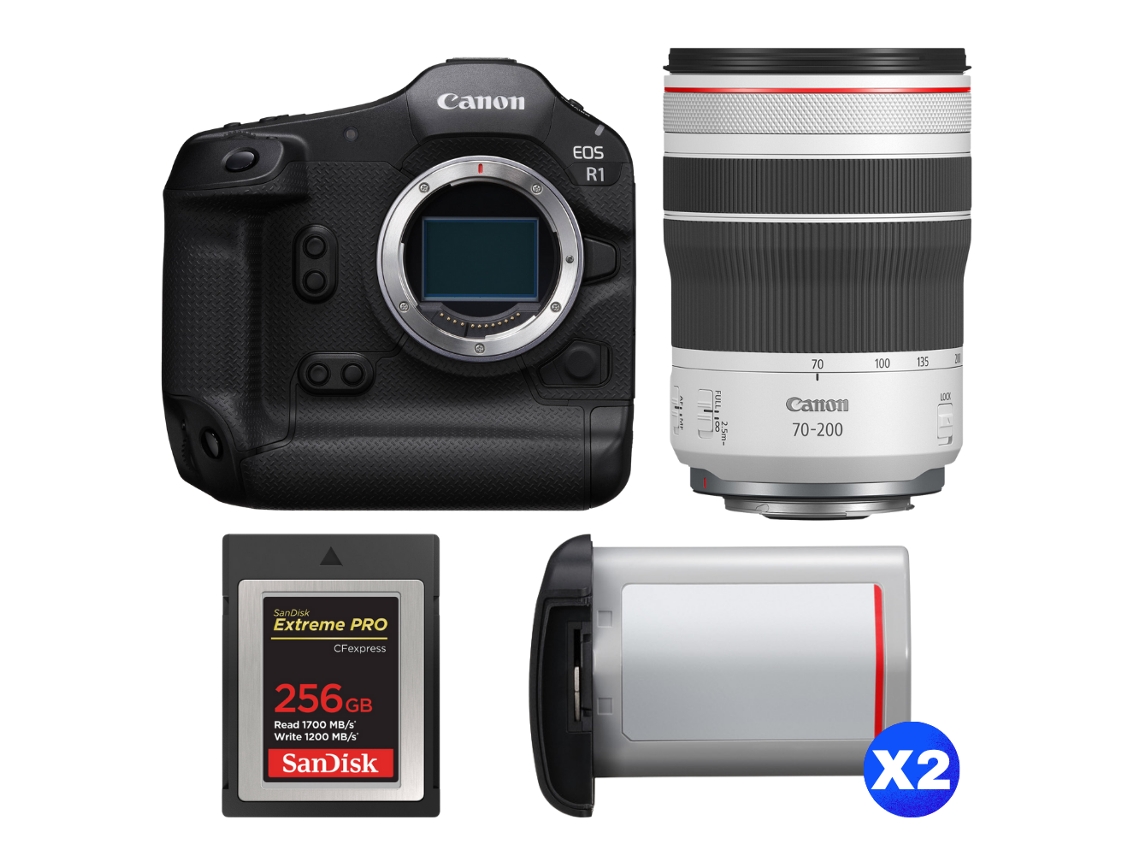 Canon EOS R1 + RF 70 200mm F/4 L IS Usm + 1 Sandisk 256GB Extreme Pro CFExpress Tipo B + 2 Canon LP e19 + Libro electrónico “20 consejos para fotos impresionantes”