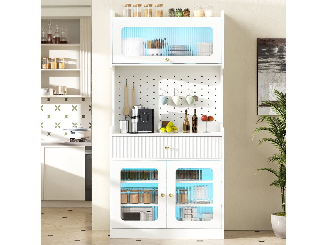 Aparador Alto, Estantes Regulables, Cajones, Led, Puertas Vidrio Acanalado, Blanco