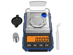 Báscula de precisión de 0,001 g y 50 g con pantalla LCD portátil, pesa de calibración de 50 g y pinzas antielectrostáticas.