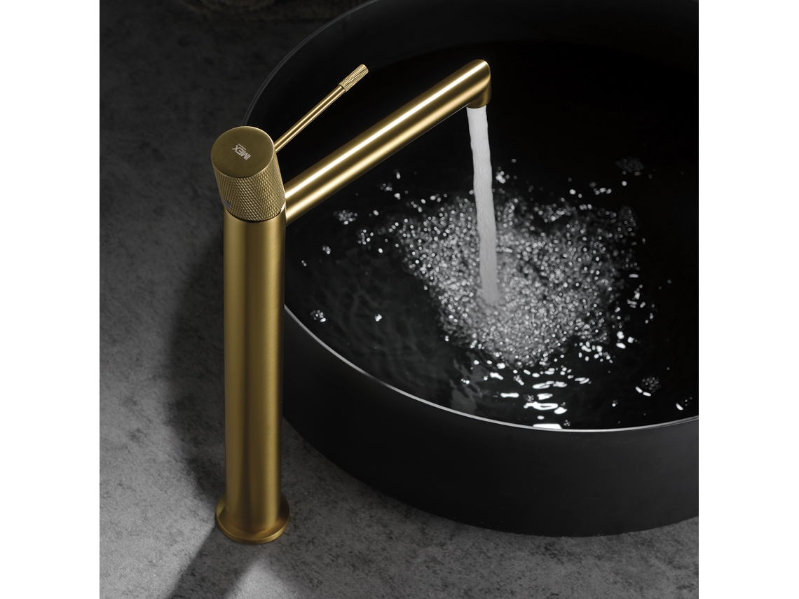 Grifo monomando para lavabo alto en latón con acabado dorado cepillado, cartucho cerámico Ø26 mm, altura 322 mm Imex