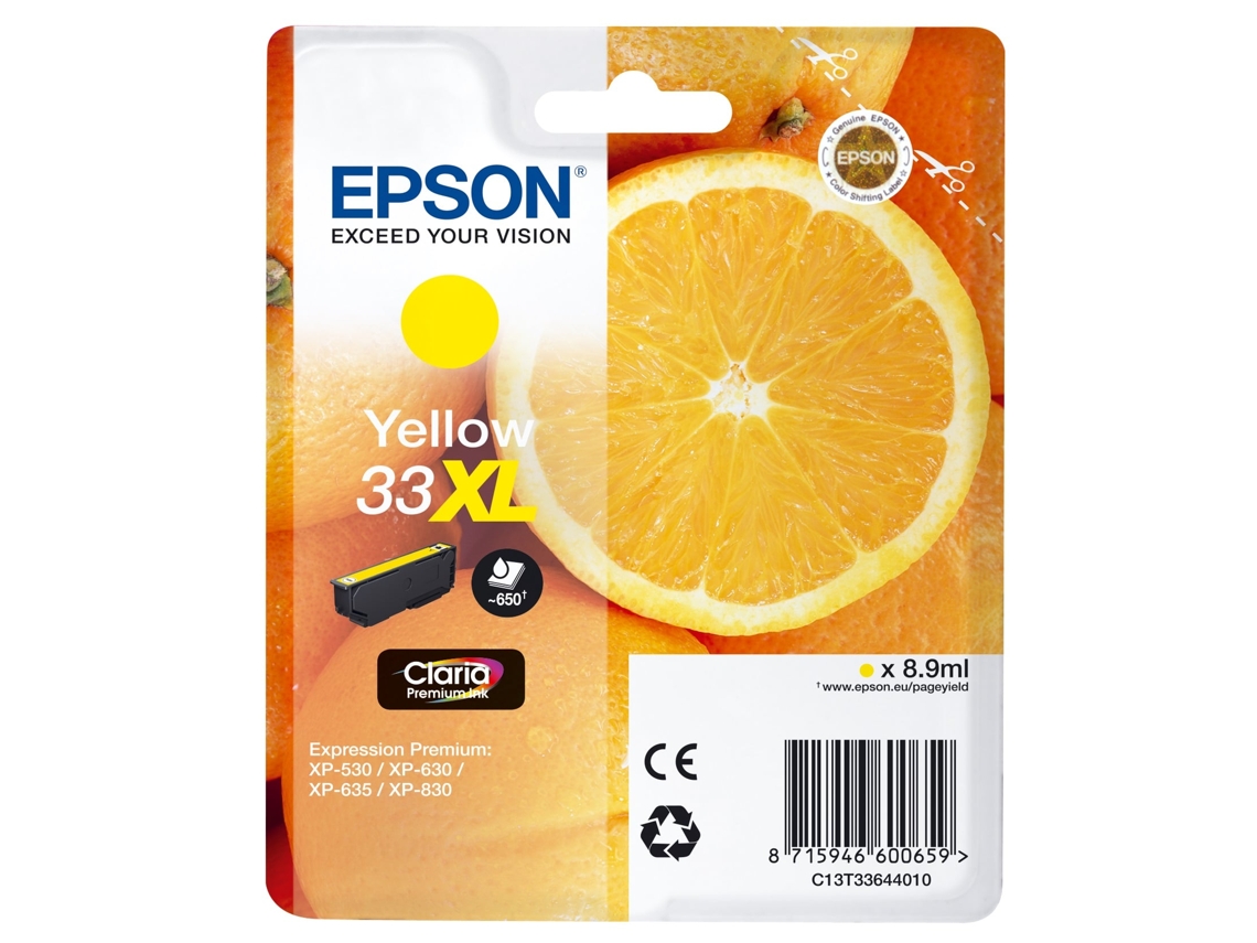 Cartucho de tinta original EPSON, 33, Naranjas 8,9 ml, Amarillo, Alta, XL, C13T33644022, T3364