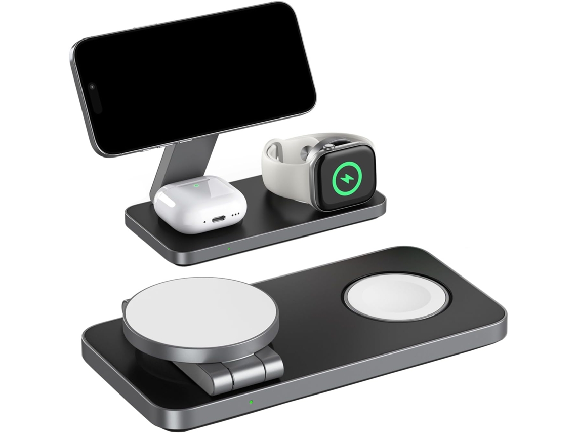 Estación De Carga Inductiva 3 En 1 Compatible Con Cargador Magsafe, Color Negro Y Blanco.